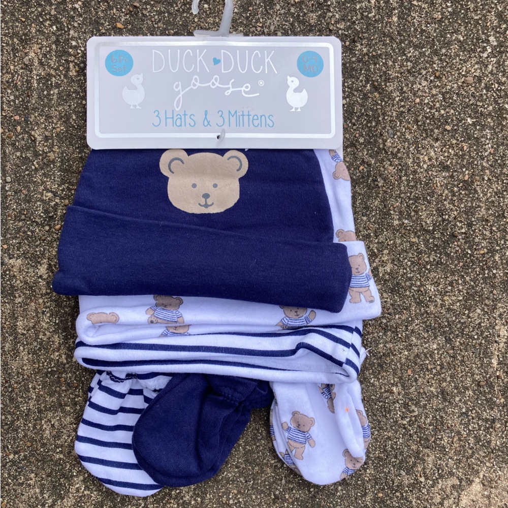 Infant Baby Boy Navy Blue and White 3-Baby Hats and 3-Mittens Set (J)